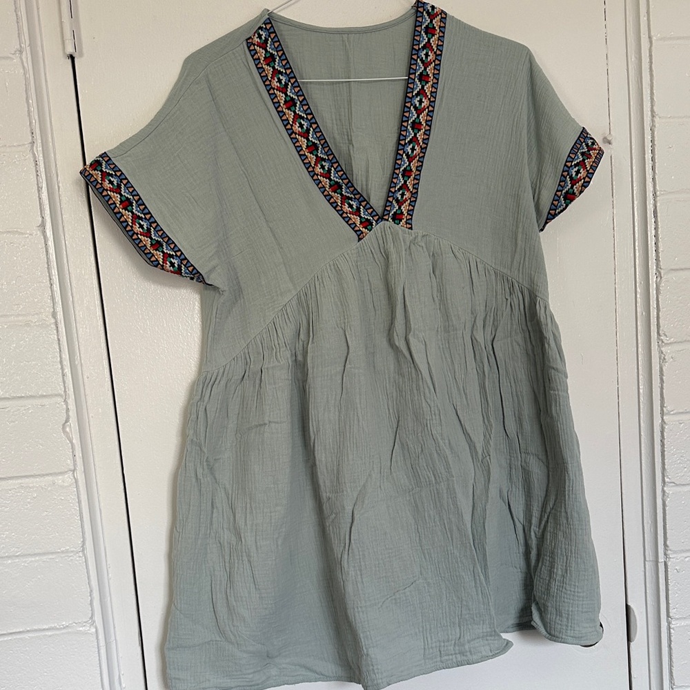 Embroidered Trim Sage Tunic Top